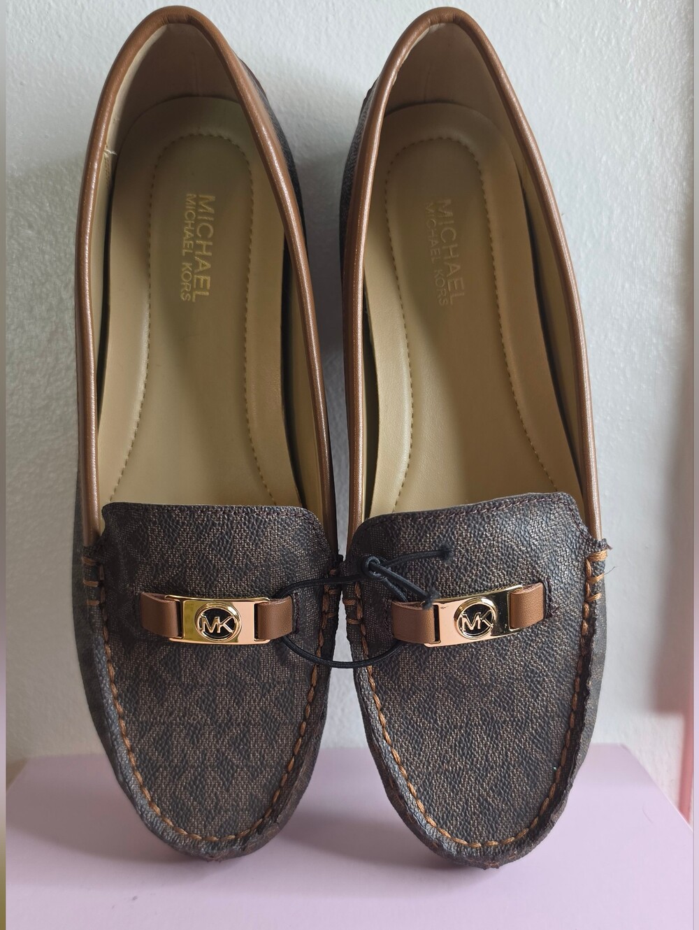 Michael Kors Brown Logo-Print Moccasin Loafers with Gold Accent
